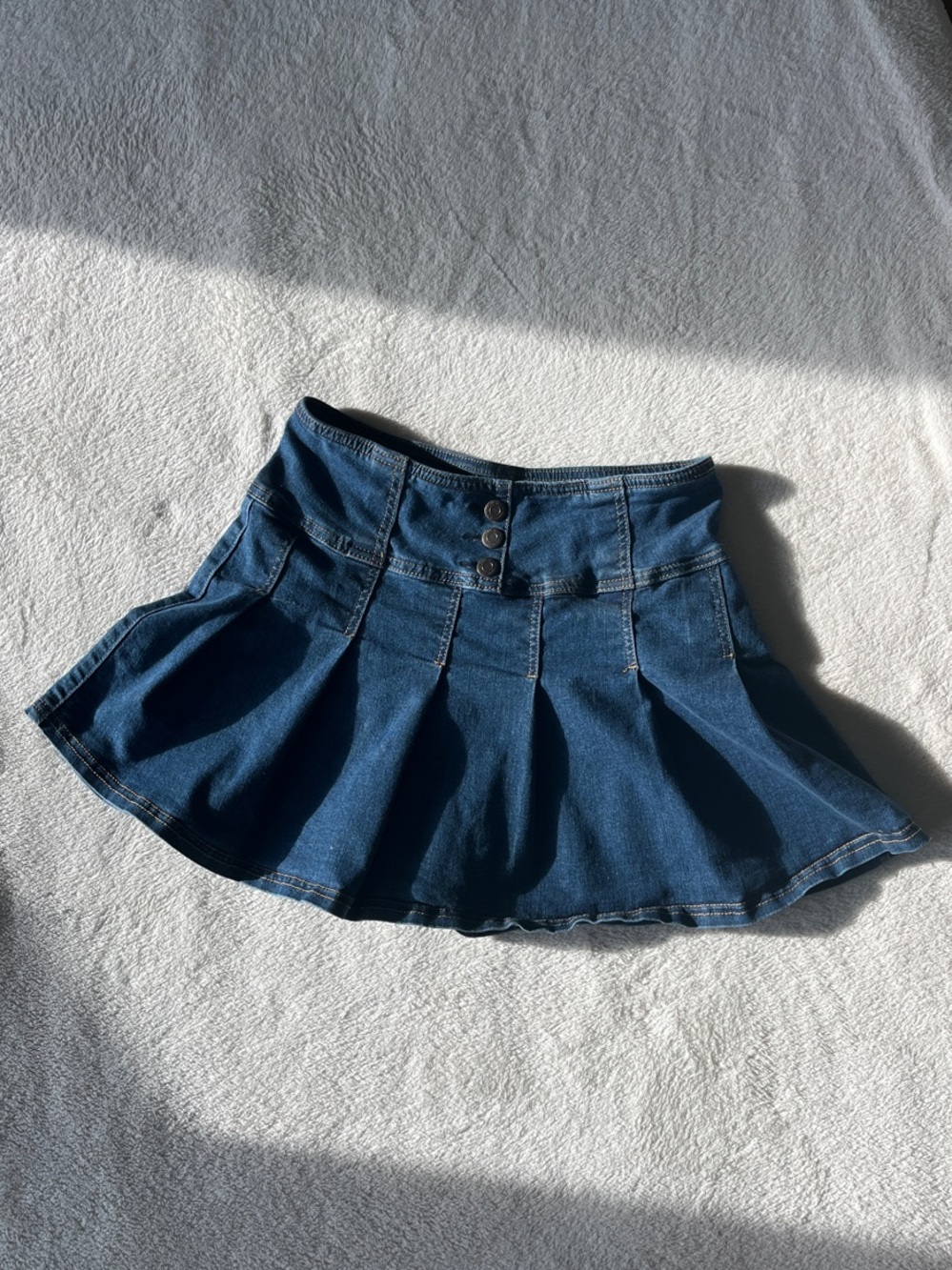 Blue Denim Pleated Mini Skirt